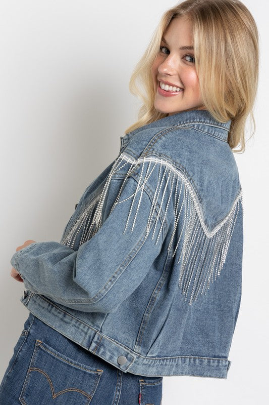 CROP DENIM JACKET WITH RHINESTONE FRINGE (more colors)