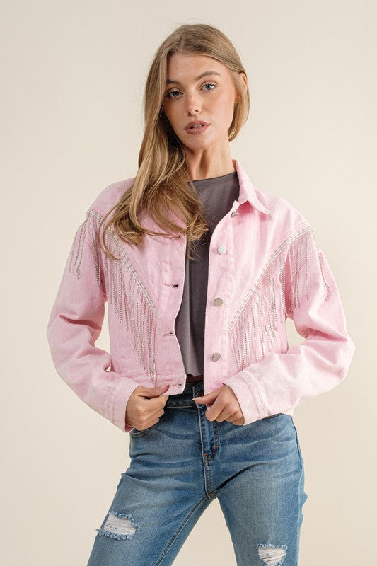 CROP DENIM JACKET WITH RHINESTONE FRINGE (more colors)