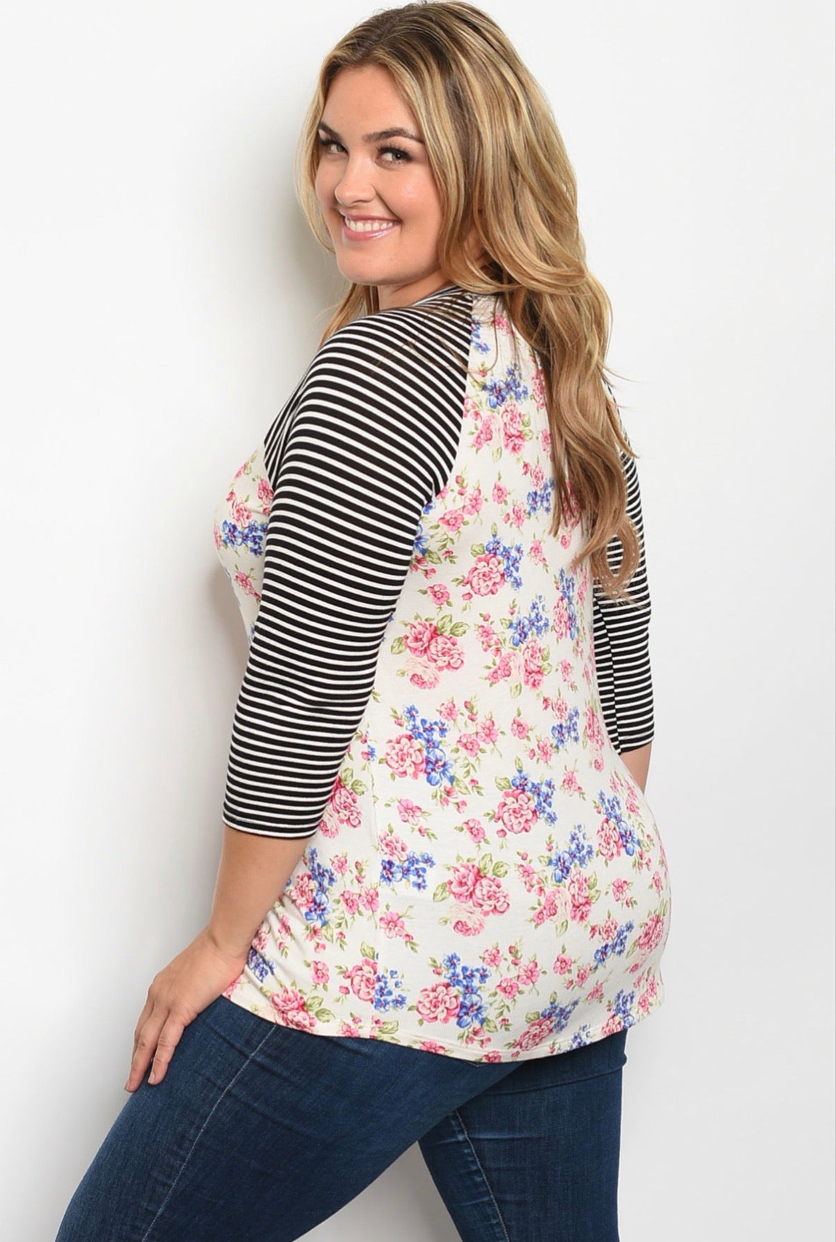 Ivory Striped Floral Baseball Tee